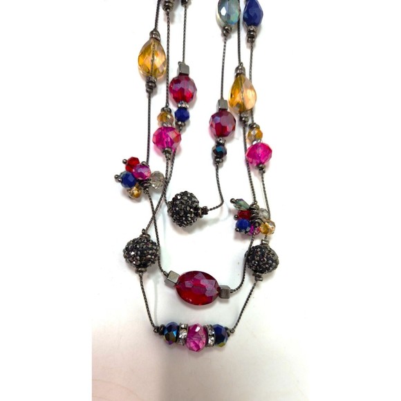 Triple Strand Bling Bead Necklace Black Chain Assorted Glass Bead Stations 20 in - Picture 5 of 7